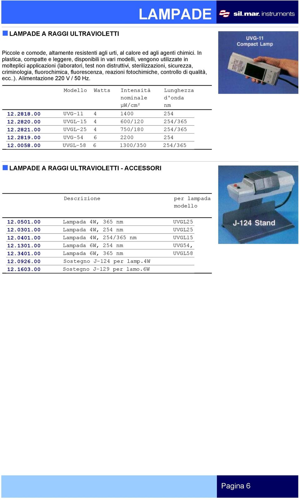 fluorescenza, reazioni fotochimiche, controllo di qualità, ecc..). Alimentazione 220 V / 50 Hz. Modello Watts Intensità Lunghezza nominale d'onda µw/cm² nm 12.2818.00 UVG-11 4 1400 254 12.2820.