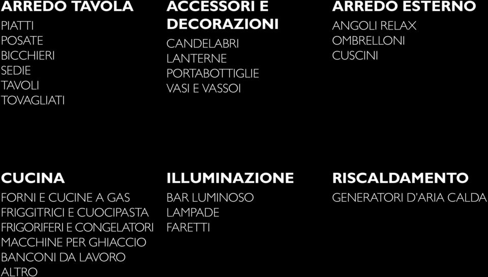 FORNI E CUCINE A GAS FRIGGITRICI E CUOCIPASTA FRIGORIFERI E CONGELATORI MACCHINE PER GHIACCIO