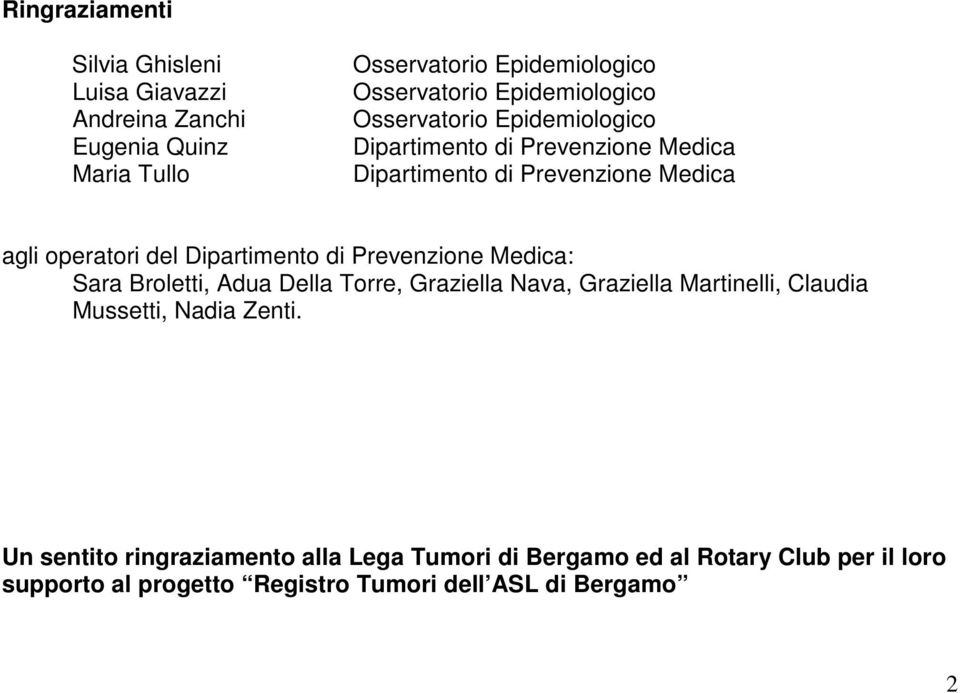 Dipartimento di Prevenzione Medica: Sara Broletti, Adua Della Torre, Graziella Nava, Graziella Martinelli, Claudia Mussetti, Nadia
