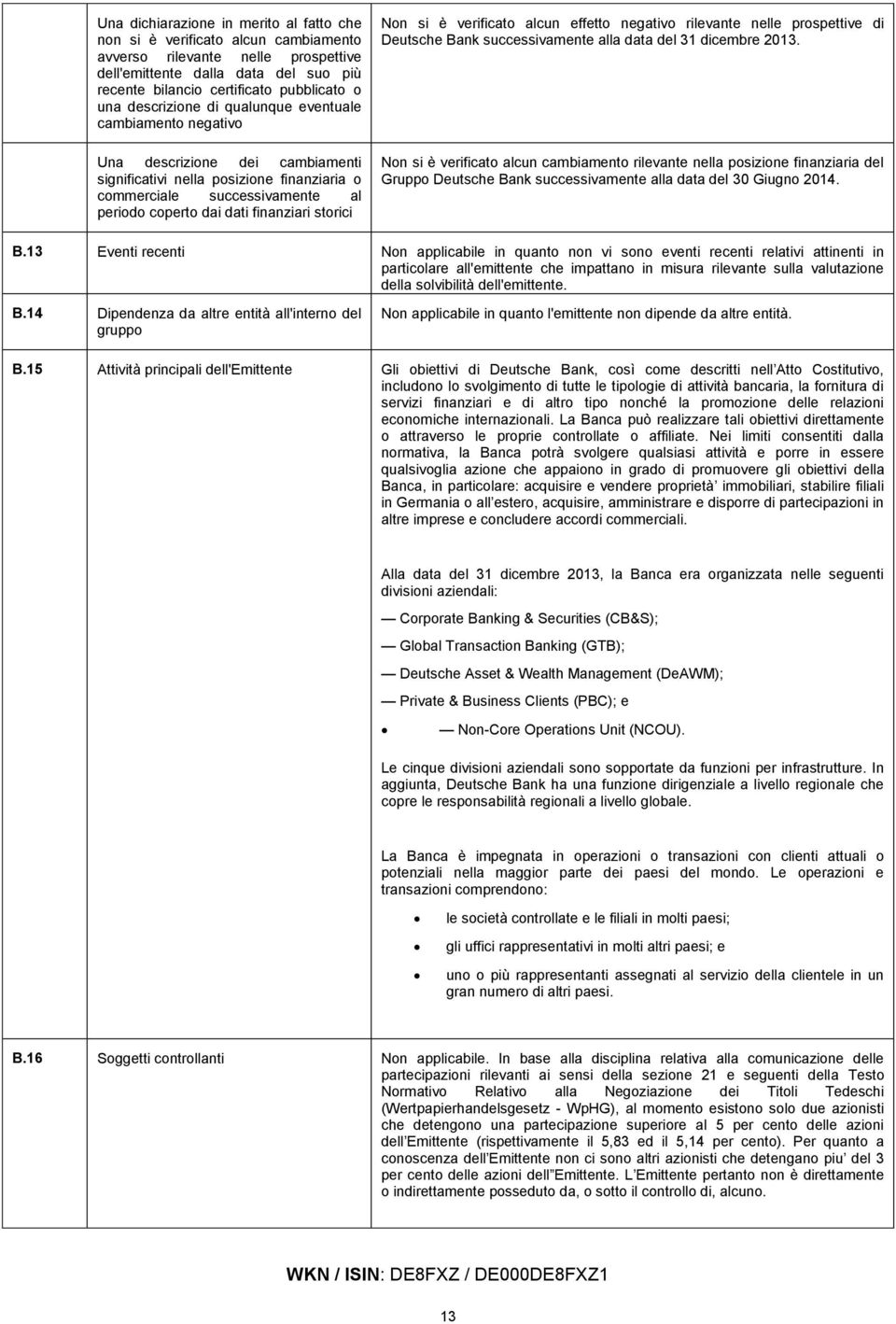 storici Non si è verificato alcun effetto negativo rilevante nelle prospettive di Deutsche Bank successivamente alla data del 31 dicembre 2013.