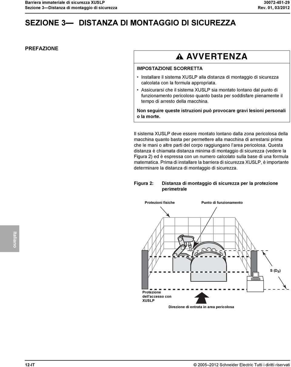 appropriata. Assicurarsi che il sistema XUSLP sia montato lontano dal punto di funzionamento pericoloso quanto basta per soddisfare pienamente il tempo di arresto della macchina.