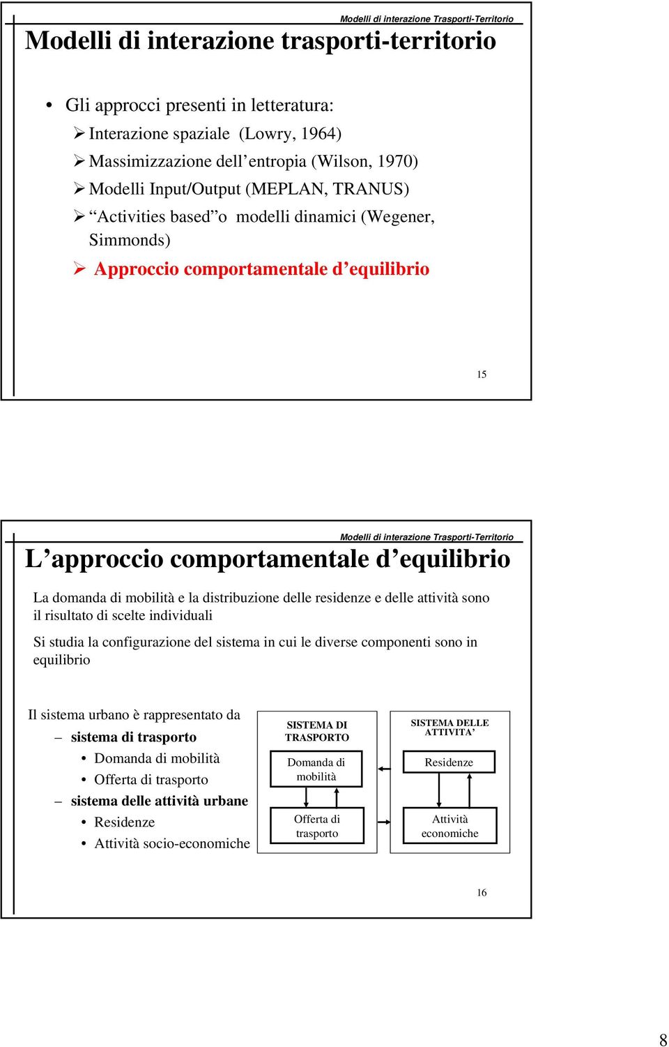 attività sono il risultato scelte inviduali Si stua la configurazione del sistema in cui le verse componenti sono in equilibrio Il sistema urbano è rappresentato da sistema trasporto Domanda