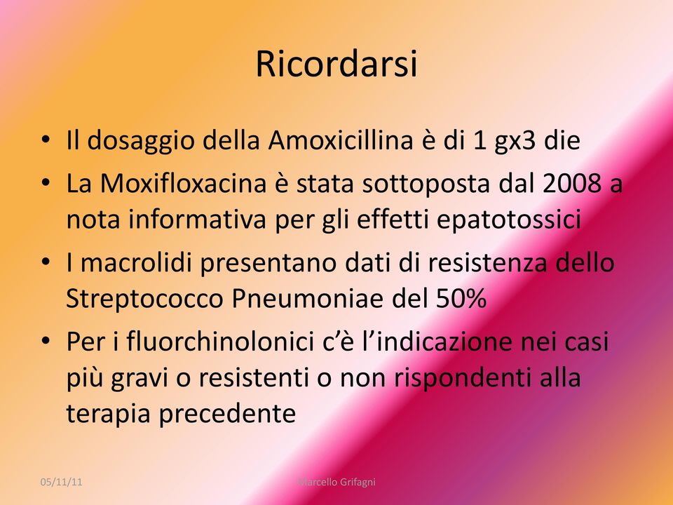 presentano dati di resistenza dello Streptococco Pneumoniae del 50% Per i