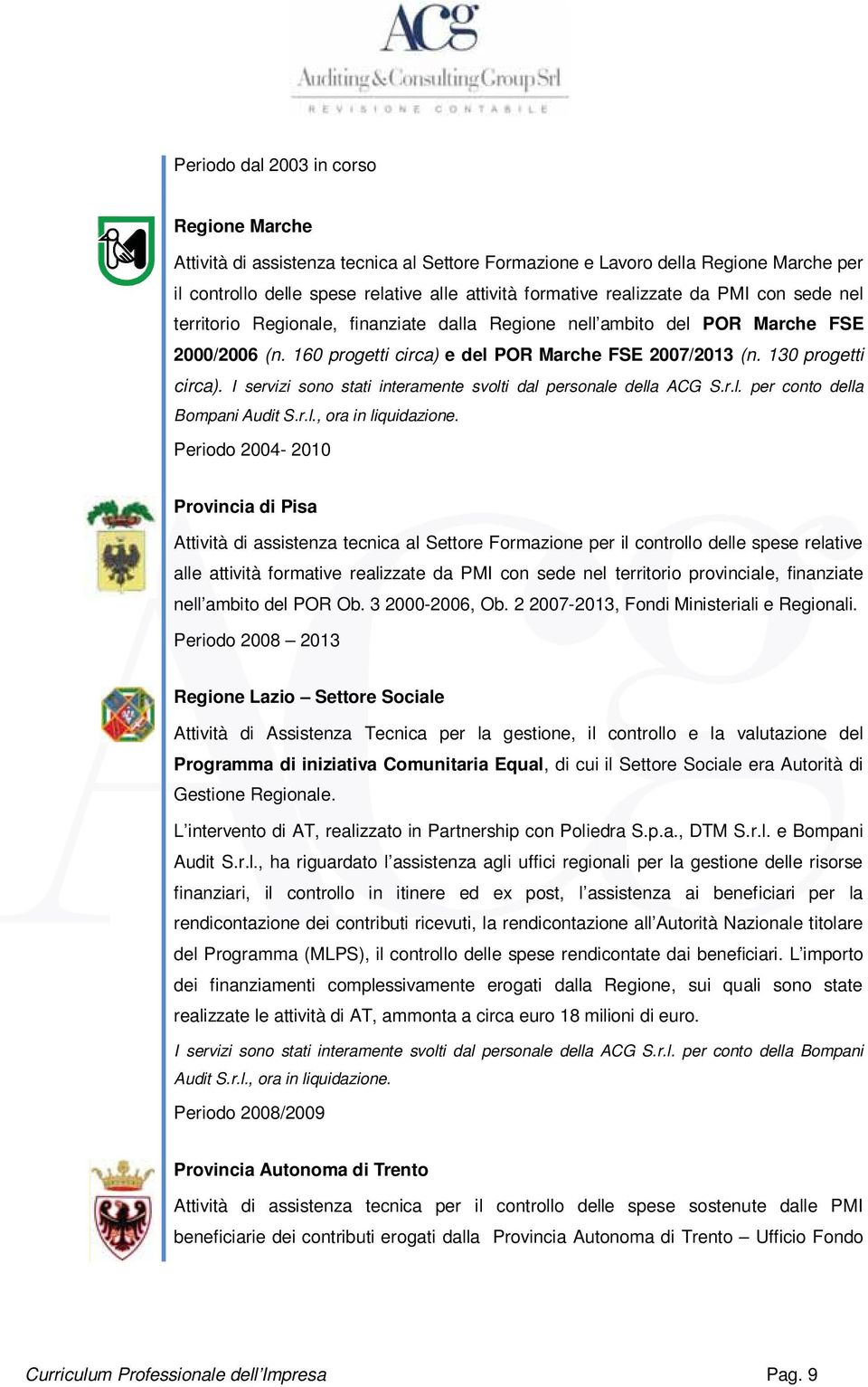 I servizi sono stati interamente svolti dal personale della ACG S.r.l. per conto della Bompani Audit S.r.l., ora in liquidazione.