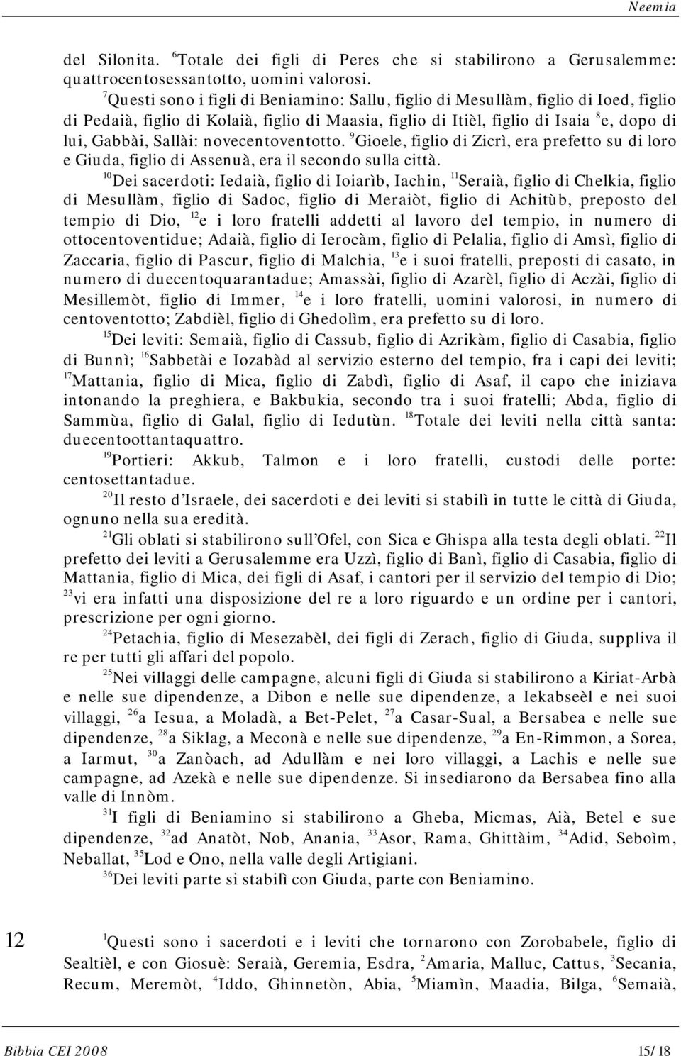 novecentoventotto. 9 Gioele, figlio di Zicrì, era prefetto su di loro e Giuda, figlio di Assenuà, era il secondo sulla città.