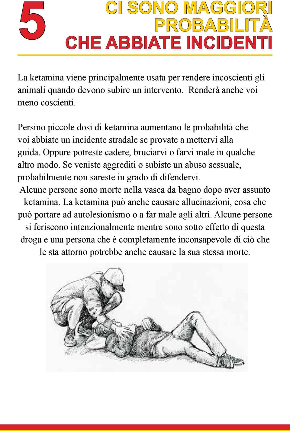 Se veniste aggrediti o subiste un abuso sessuale, probabilmente non sareste in grado di difendervi. Alcune persone sono morte nella vasca da bagno dopo aver assunto ketamina.