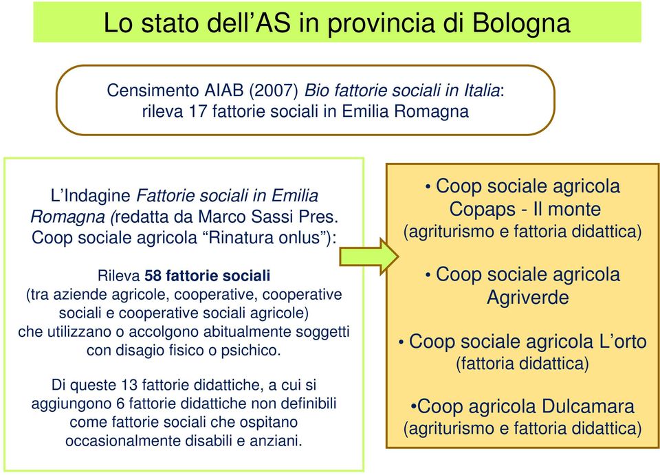 Coop sociale agricola Rinatura onlus ): Rileva 58 fattorie sociali (tra aziende agricole, cooperative, cooperative sociali e cooperative sociali agricole) che utilizzano o accolgono abitualmente