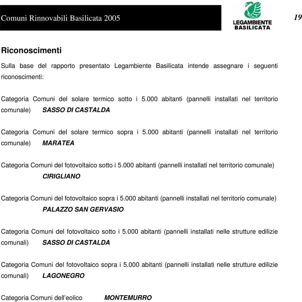 000 abitanti (pannelli installati nel territorio comunale) MARATEA Categoria Comuni del fotovoltaico sotto i 5.