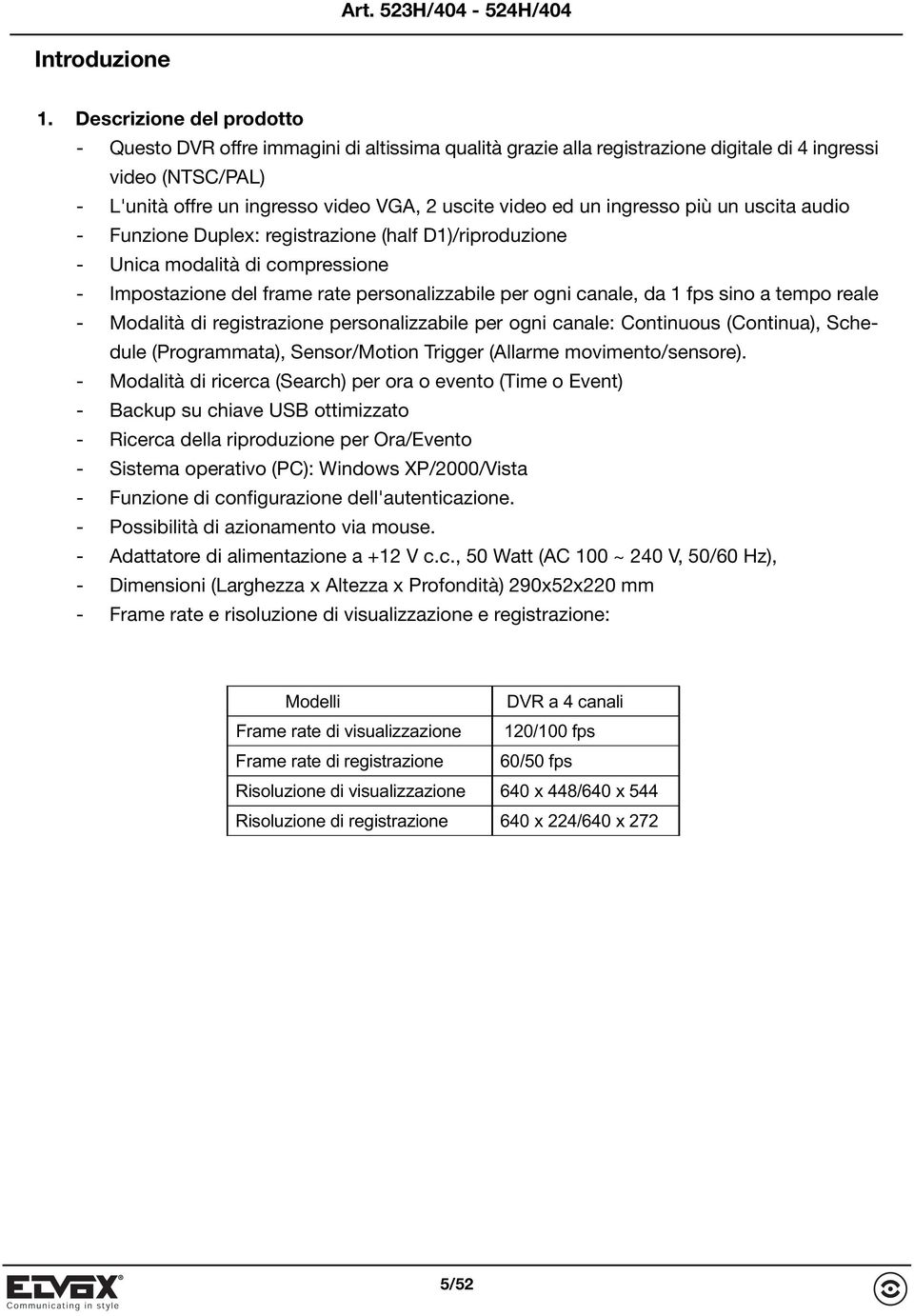 ingresso più un uscita audio - Funzione Duplex: registrazione (half D1)/riproduzione - Unica modalità di compressione - Impostazione del frame rate personalizzabile per ogni canale, da 1 fps sino a