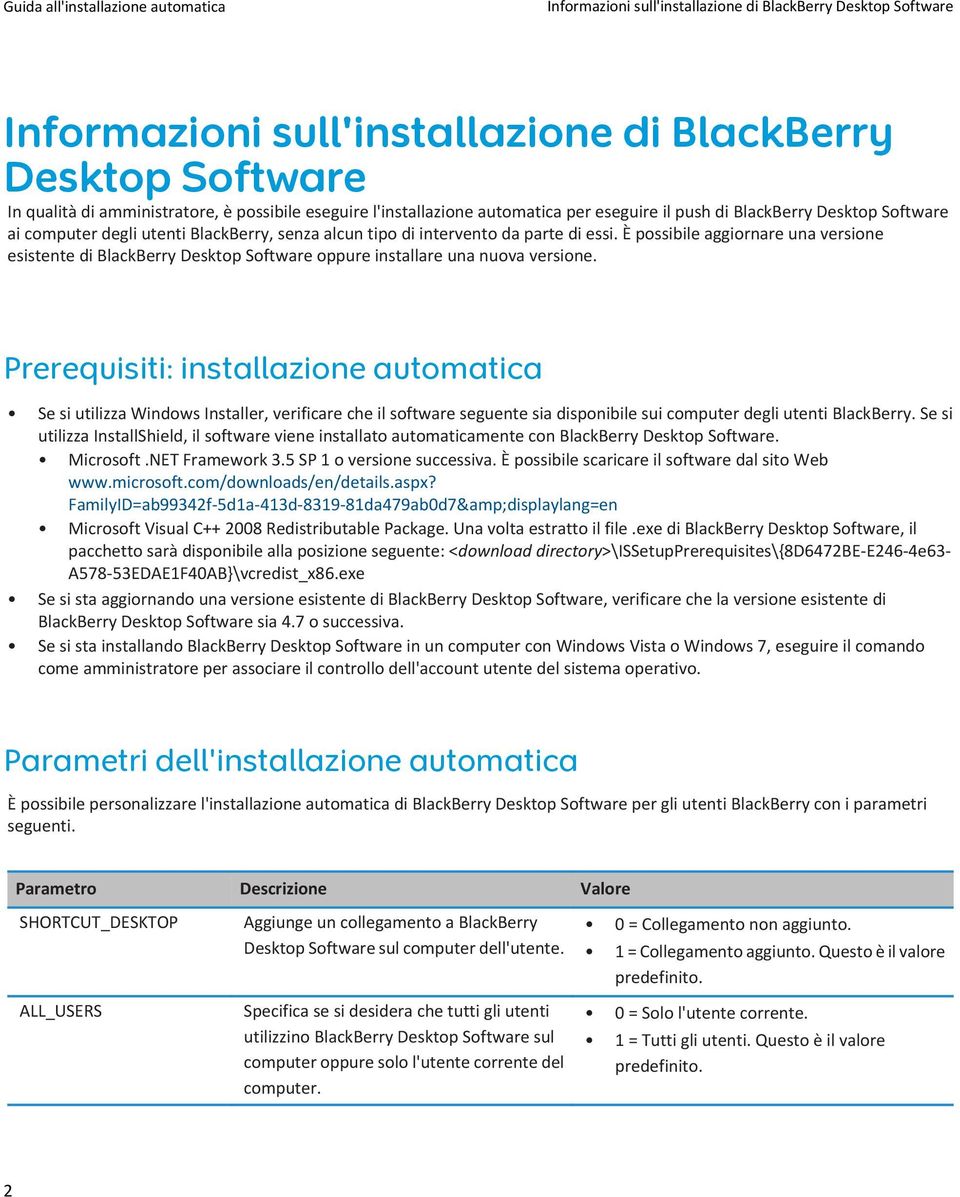 Prerequisiti: installazione automatica Se si utilizza Windows Installer, verificare che il software seguente sia disponibile sui computer degli utenti BlackBerry.