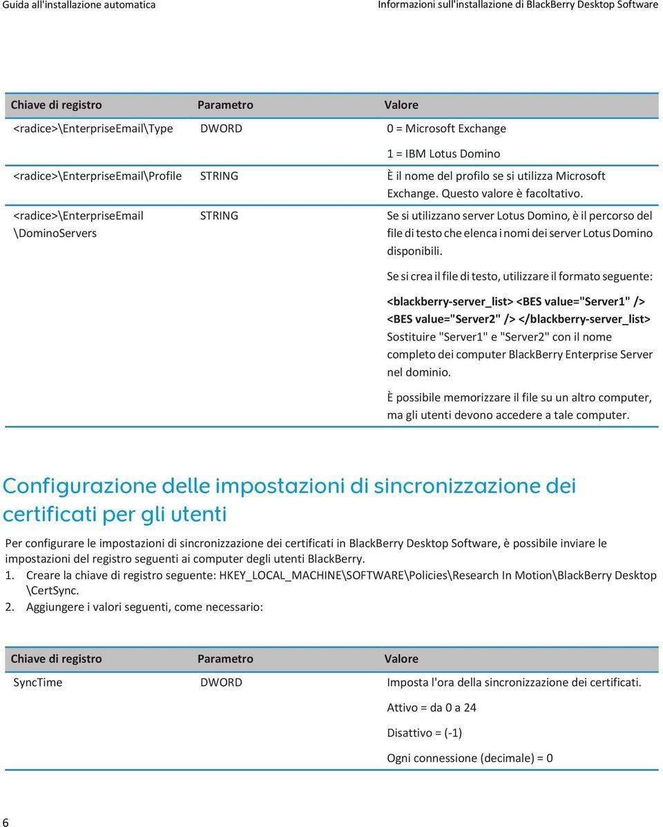 <radice>\enterpriseemail \DominoServers STRING Se si utilizzano server Lotus Domino, è il percorso del file di testo che elenca i nomi dei server Lotus Domino disponibili.