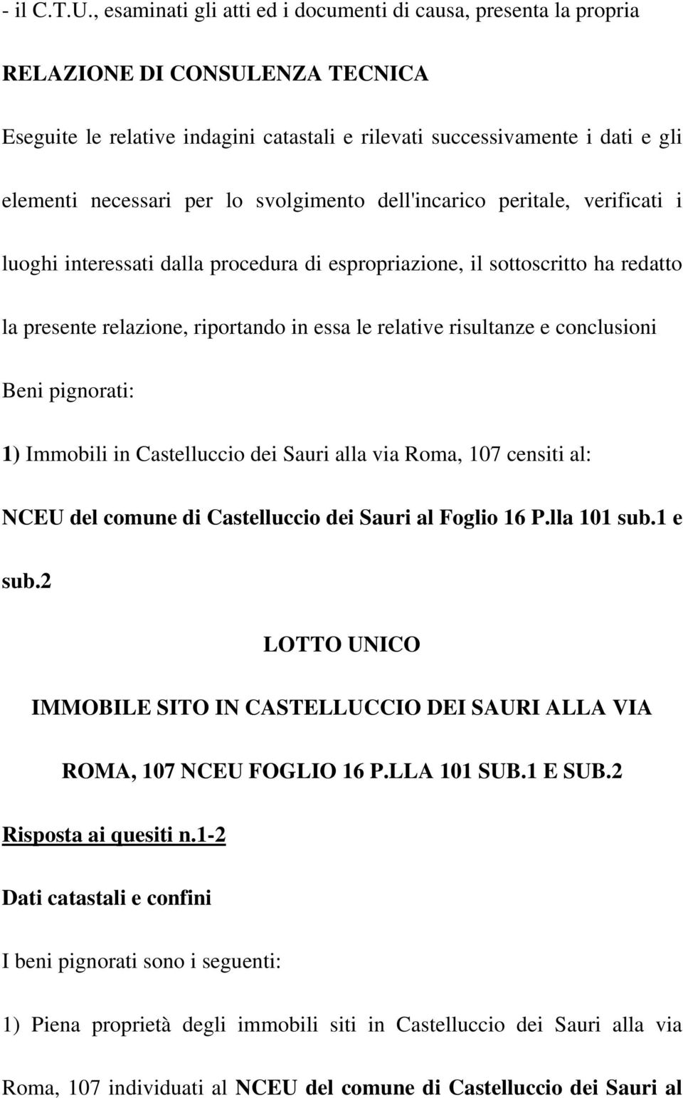 per lo svolgimento dell'incarico peritale, verificati i luoghi interessati dalla procedura di espropriazione, il sottoscritto ha redatto la presente relazione, riportando in essa le relative