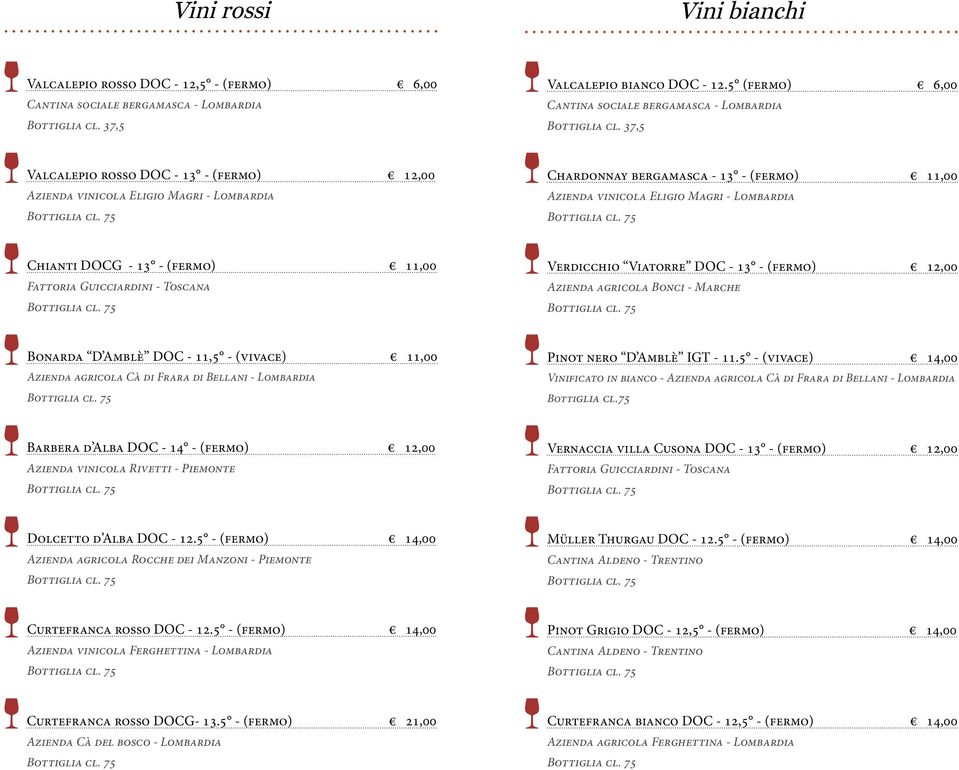 37,5 Valcalepio rosso DOC - 13 - (fermo) 12,00 Azienda vinicola Eligio Magri - Lombardia Chardonnay bergamasca - 13 - (fermo) 11,00 Azienda vinicola Eligio Magri - Lombardia Chianti DOCG - 13 -