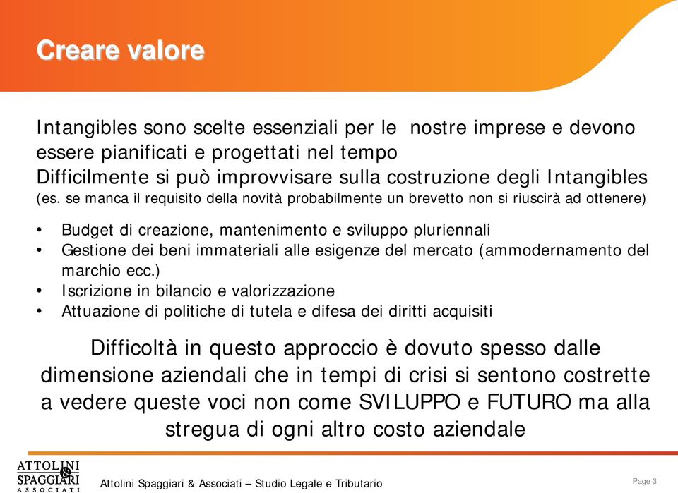 se manca il requisito della novità probabilmente un brevetto non si riuscirà ad ottenere) Budget di creazione, mantenimento e sviluppo pluriennali Gestione dei beni immateriali alle