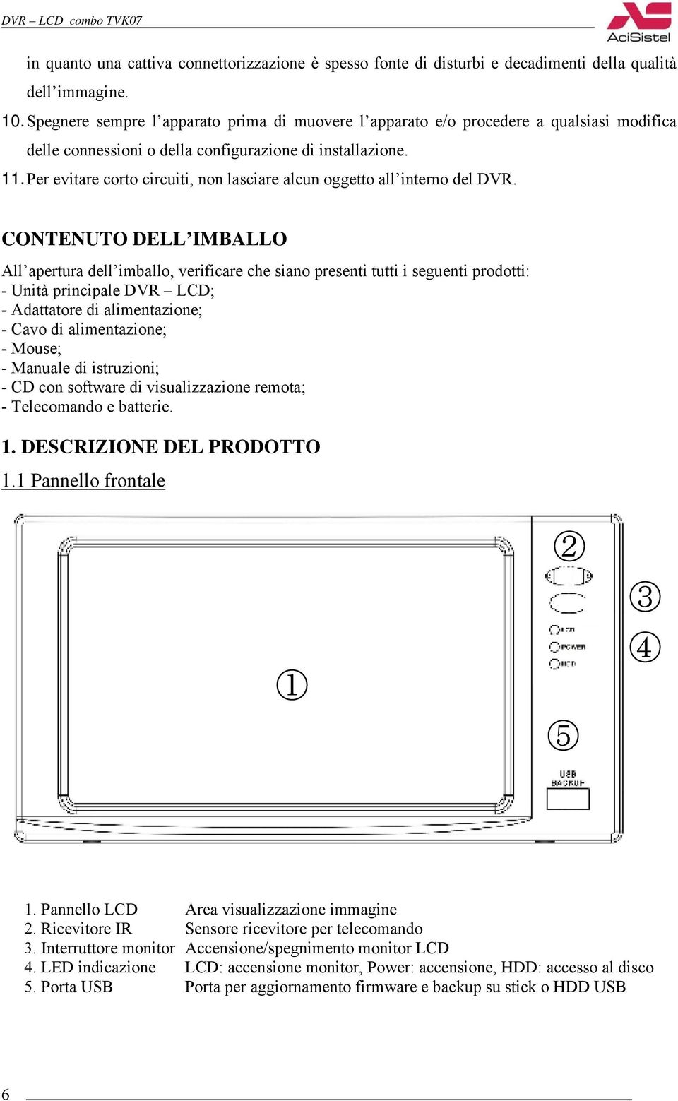 Per evitare corto circuiti, non lasciare alcun oggetto all interno del DVR.