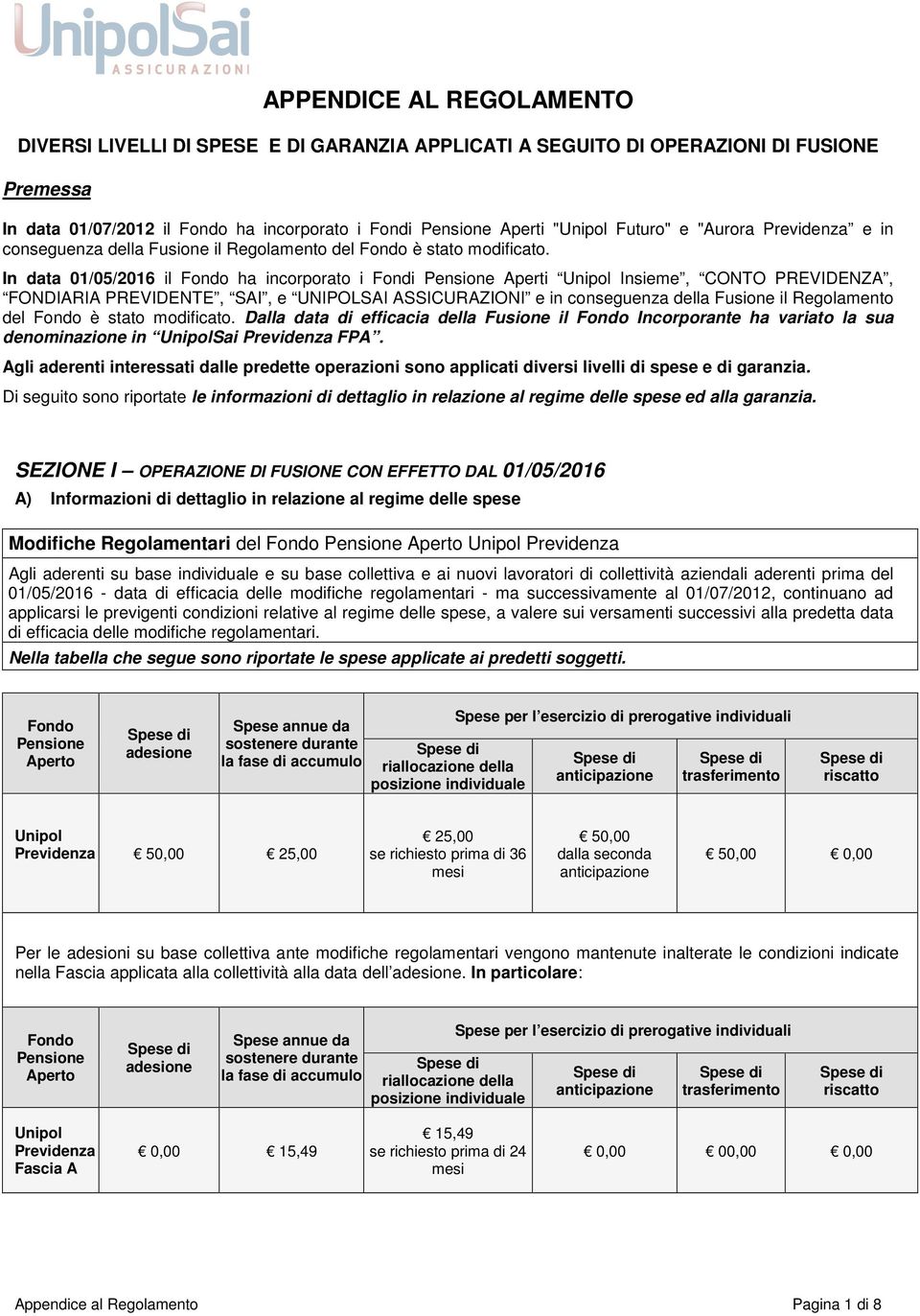 In data 01/05/2016 il ha incorporato i Fondi Aperti Insieme, CONTO PREVIDENZA, FONDIARIA PREVIDENTE, SAI, e UNIPOLSAI ASSICURAZIONI e in  Dalla data di efficacia della il Incorporante ha variato la