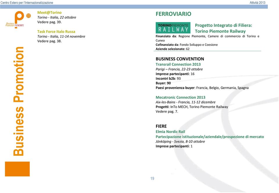 selezionate: 62 BUSINESS CONVENTION Transrail Connection 2013 Parigi Francia, 22-23 ottobre Imprese partecipanti: 16 Incontri b2b: 93 Buyer: 90 Paesi provenienza buyer: Francia, Belgio, Germania,