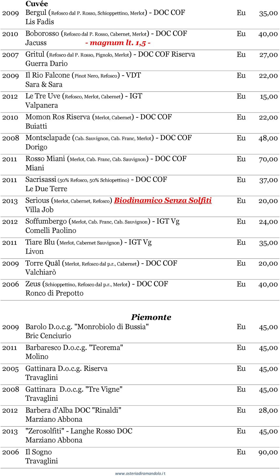 Rosso, Pignolo, Merlot) - DOC COF Riserva Eu 27,00 Guerra Dario 2009 Il Rio Falcone (Pinot Nero, Refosco) - VDT Eu 22,00 Sara & Sara 2012 Le Tre Uve (Refosco, Merlot, Cabernet) - IGT Eu 15,00