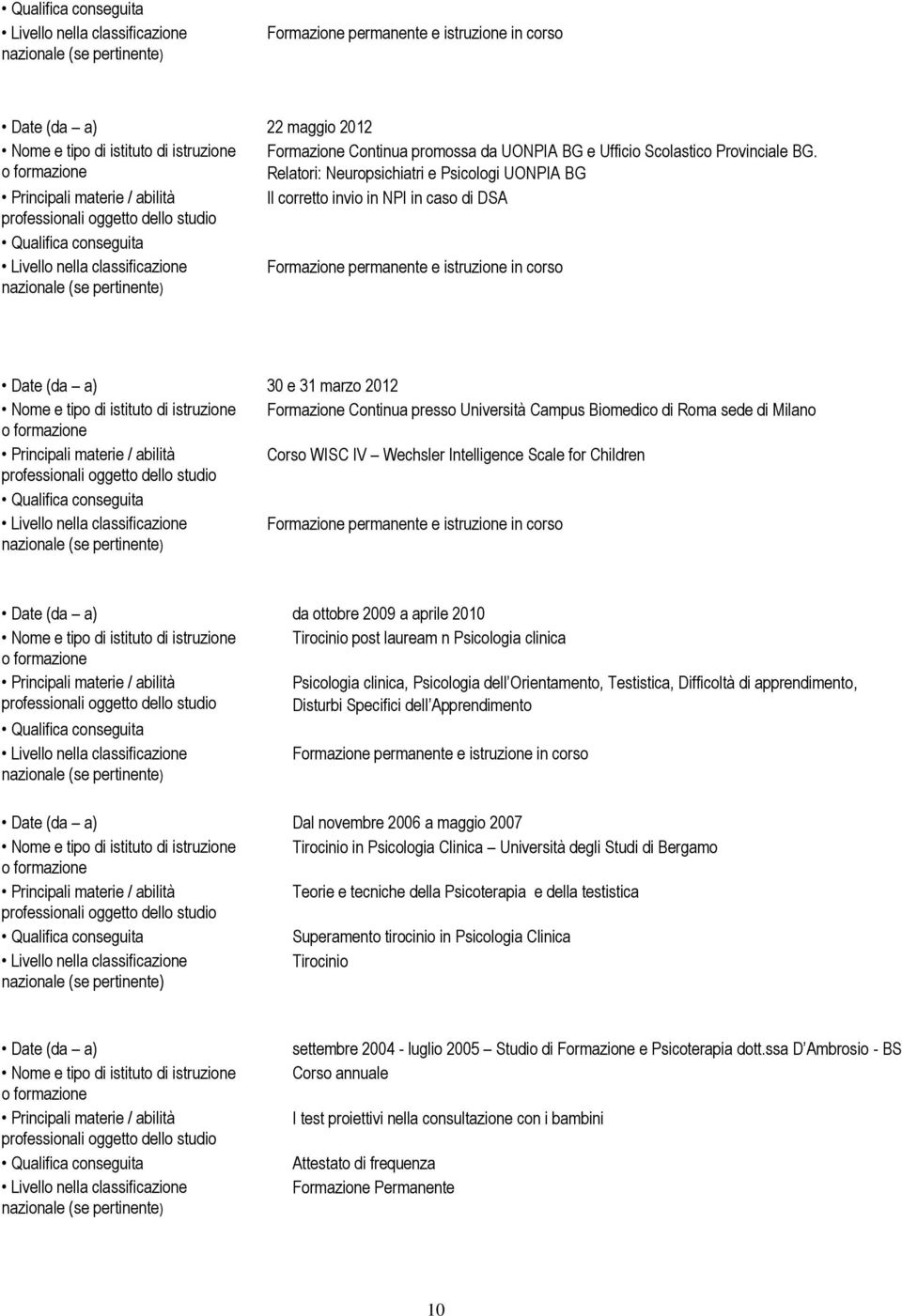 Continua presso Università Campus Biomedico di Roma sede di Milano Corso WISC IV Wechsler Intelligence Scale for Children Formazione permanente e istruzione in corso da ottobre 2009 a aprile 2010