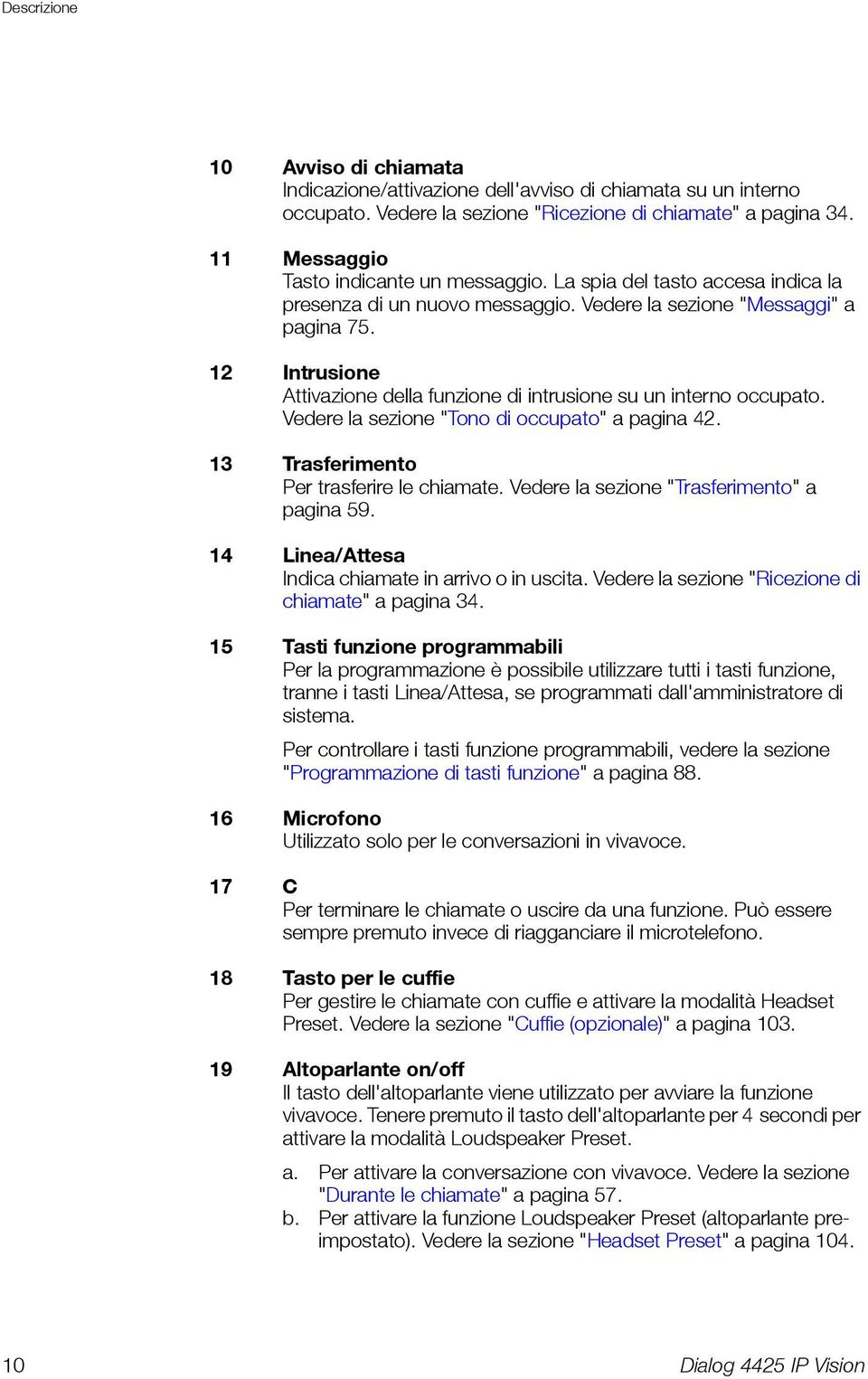 12 Intrusione Attivazione della funzione di intrusione su un interno occupato. Vedere la sezione "Tono di occupato" a pagina 42. 13 Trasferimento Per trasferire le chiamate.