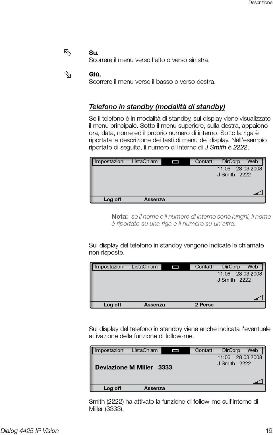 Sotto il menu superiore, sulla destra, appaiono ora, data, nome ed il proprio numero di interno. Sotto la riga è riportata la descrizione dei tasti di menu del display.