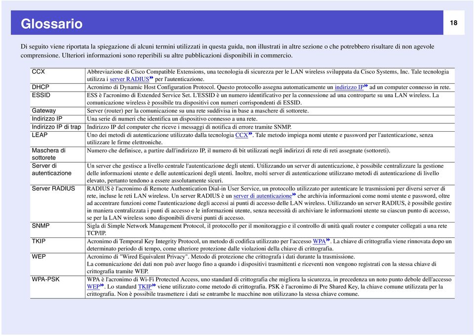 CCX DHCP ESSID Gateway Indirizzo IP Indirizzo IP di trap LEAP Maschera di sottorete Server di autenticazione Server RADIUS SNMP TKIP WEP WPA-PSK Abbreviazione di Cisco Compatible Extensions, una