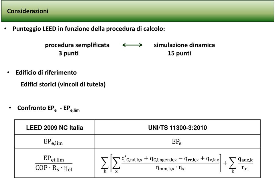 storici(vincoli di tutela) Confronto EP e - EP e,lim LEED 2009 NC Italia UNI/TS