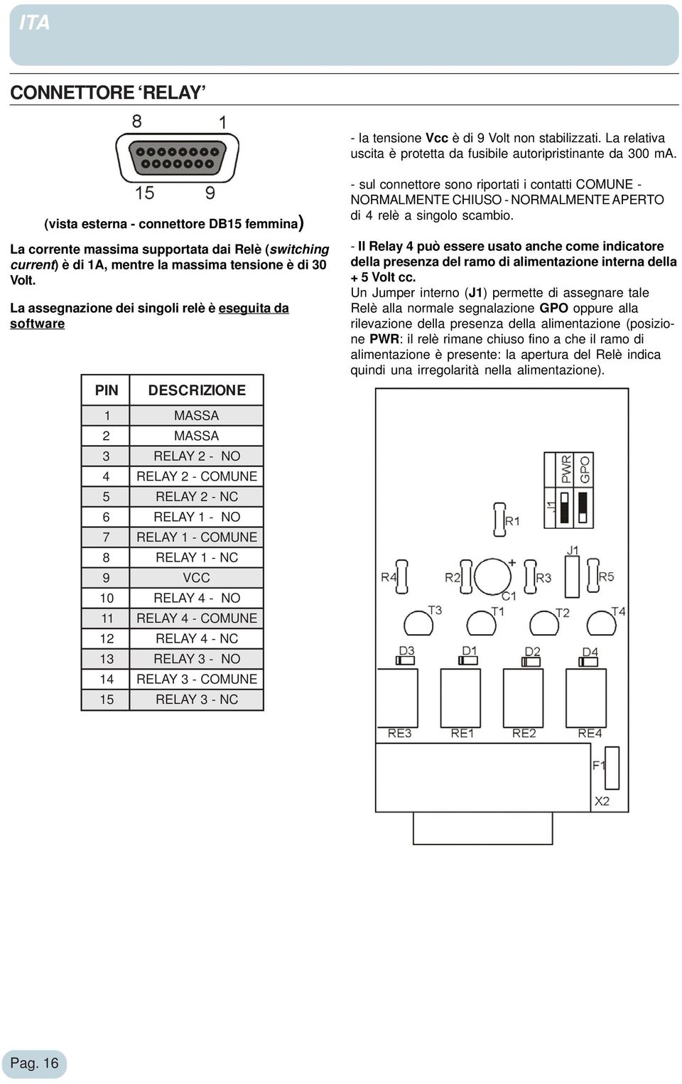 La assegnazione dei singoli relè è eseguita da software PIN DESCRIZION E 1 MASSA 2 MASSA 3 RELAY 2 - NO 4 RELAY 2 - COMUNE 5 RELAY 2 - NC 6 RELAY 1 - NO 7 RELAY 1 - COMUNE 8 RELAY 1 - NC 9 VCC 10