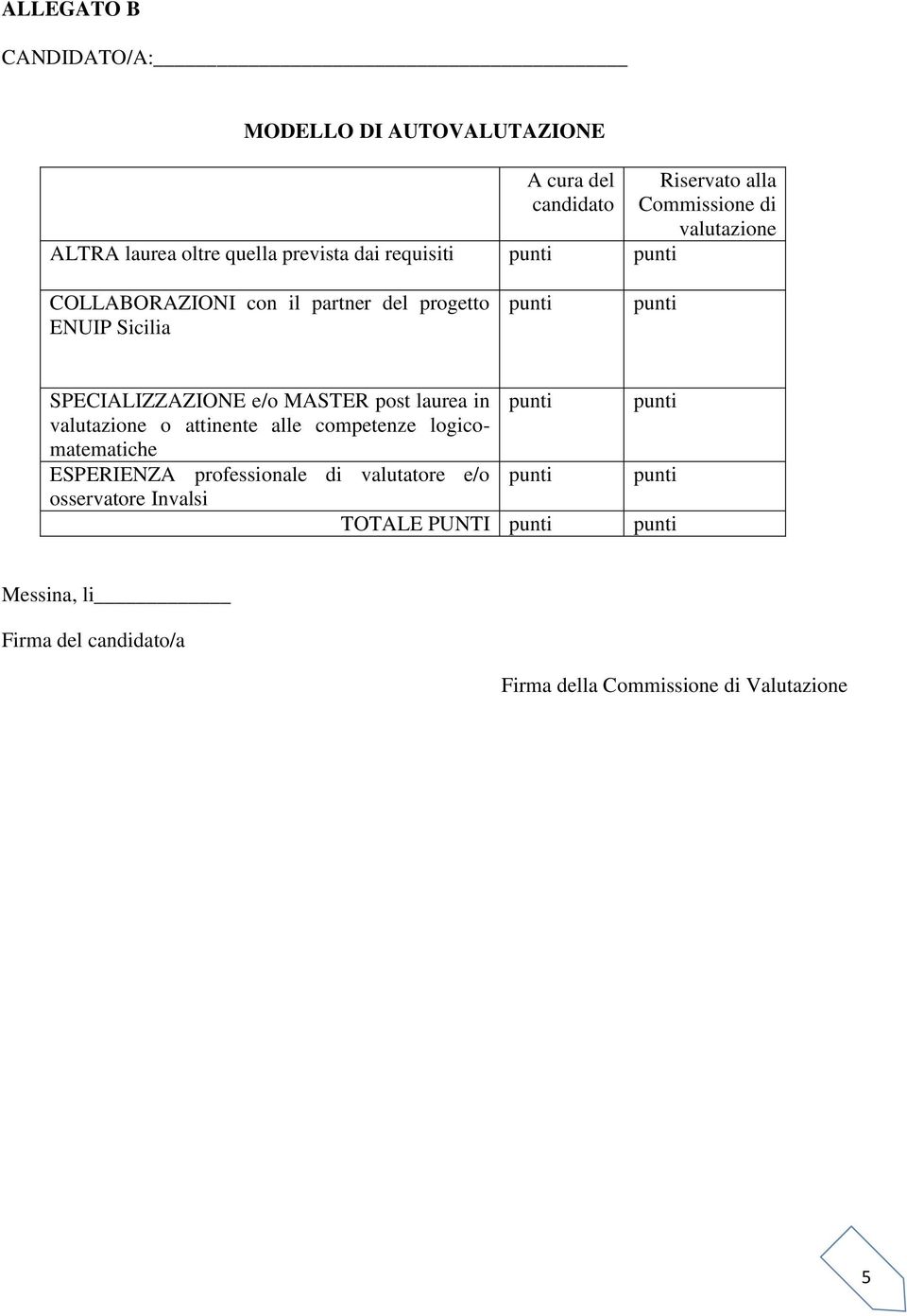 SPECIALIZZAZIONE e/o MASTER post laurea in valutazione o attinente alle competenze logicomatematiche ESPERIENZA