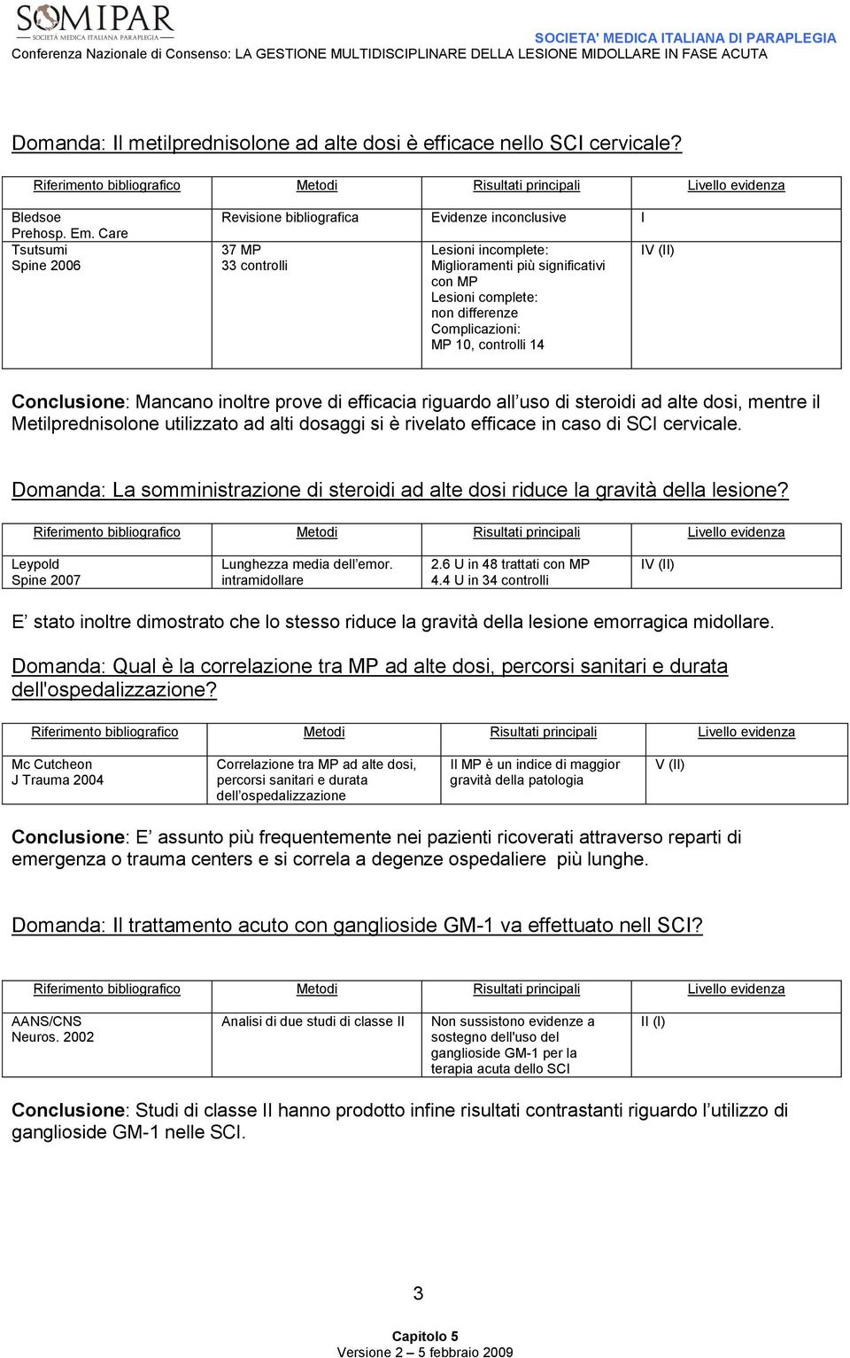 MP 10, controlli 14 IV (II) Conclusione: Mancano inoltre prove di efficacia riguardo all uso di steroidi ad alte dosi, mentre il Metilprednisolone utilizzato ad alti dosaggi si è rivelato efficace in