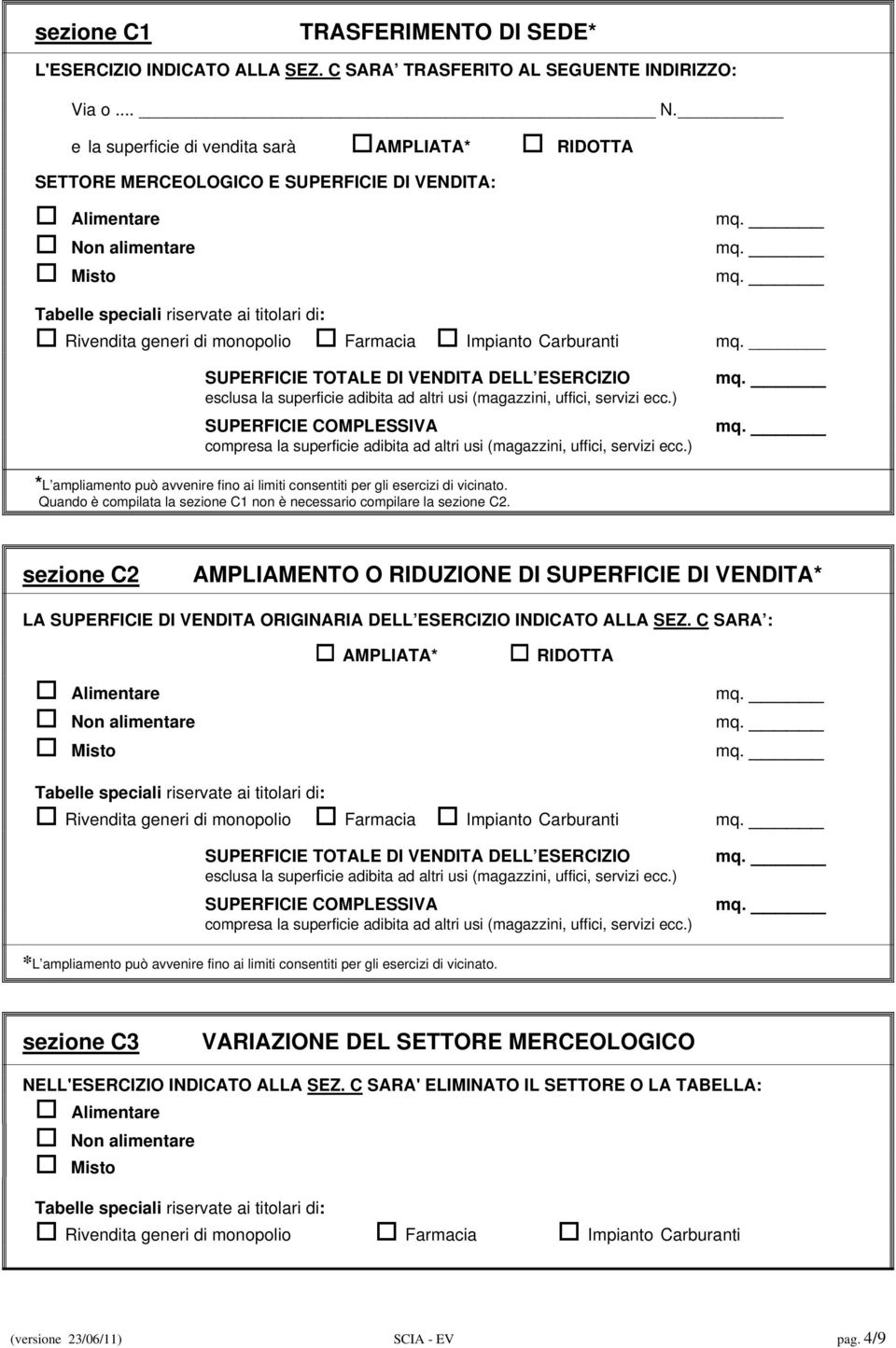 consentiti per gli esercizi di vicinato. Quando è compilata la sezione C1 non è necessario compilare la sezione C2.