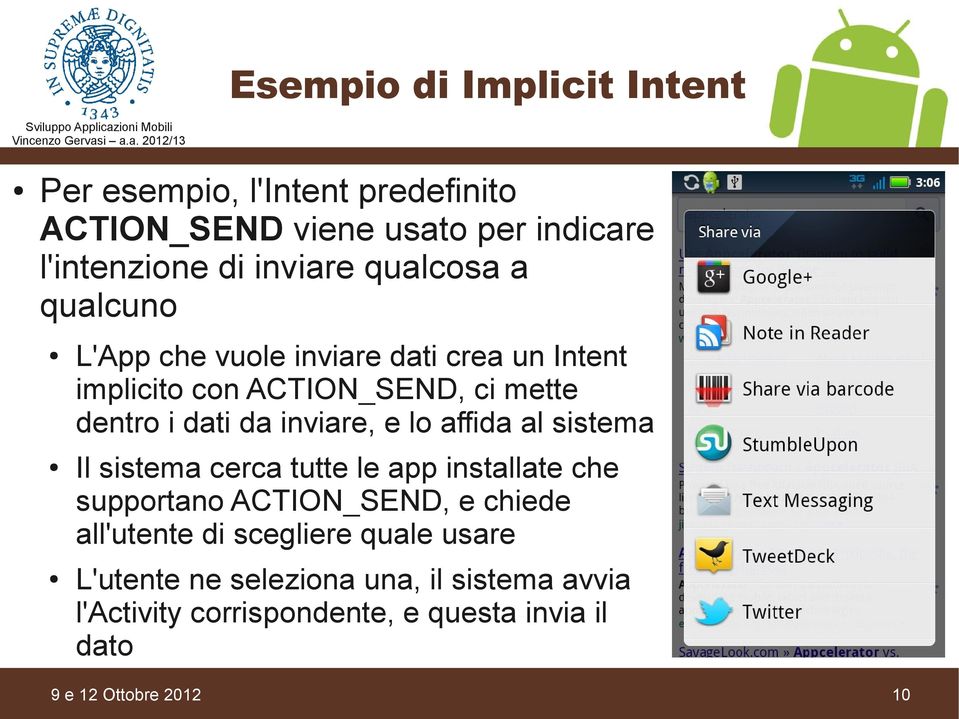 e lo affida al sistema Il sistema cerca tutte le app installate che supportano ACTION_SEND, e chiede all'utente di scegliere