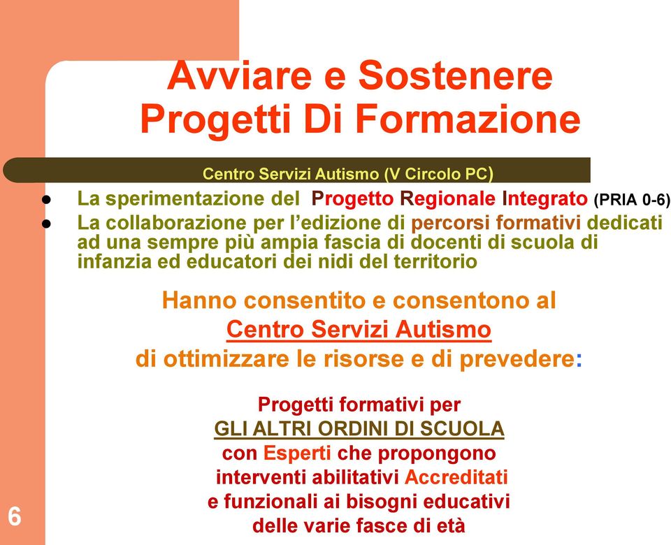 territorio Hanno consentito e consentono al Centro Servizi Autismo di ottimizzare le risorse e di prevedere: 6 Progetti formativi per