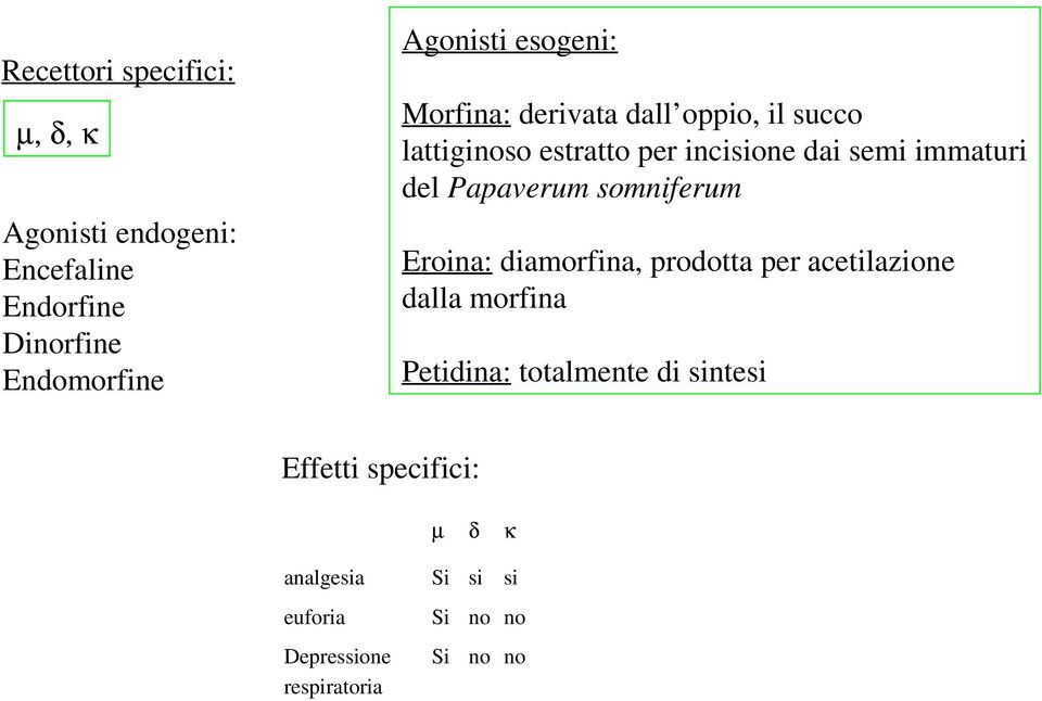 Dinorfine Endomorfine Eroina: diamorfina, prodotta per acetilazione dalla morfina Petidina: totalmente