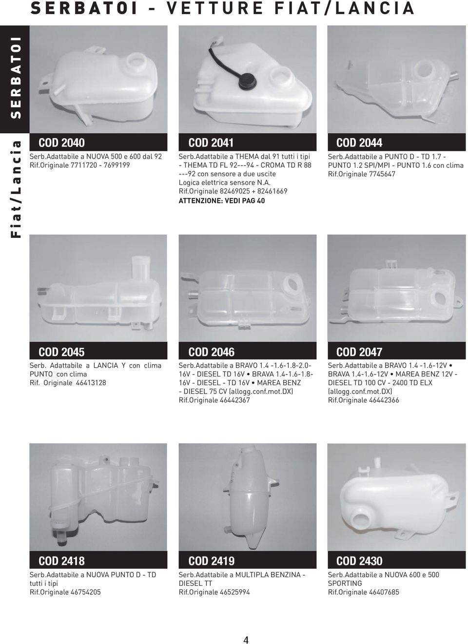 Originale 82469025 + 82461669 ATTENZIONE: VEDI PAG 40 COD 2044 Serb.Adattabile a PUNTO D - TD 1.7 - PUNTO 1.2 SPI/MPI - PUNTO 1.6 con clima Rif.Originale 7745647 COD 2045 COD 2046 COD 2047 Serb.