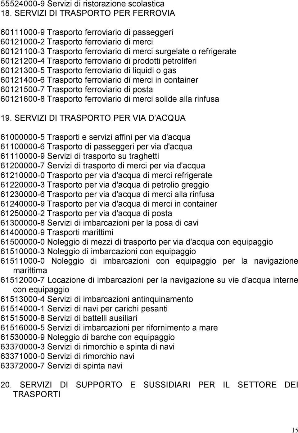 Trasporto ferroviario di prodotti petroliferi 60121300-5 Trasporto ferroviario di liquidi o gas 60121400-6 Trasporto ferroviario di merci in container 60121500-7 Trasporto ferroviario di posta