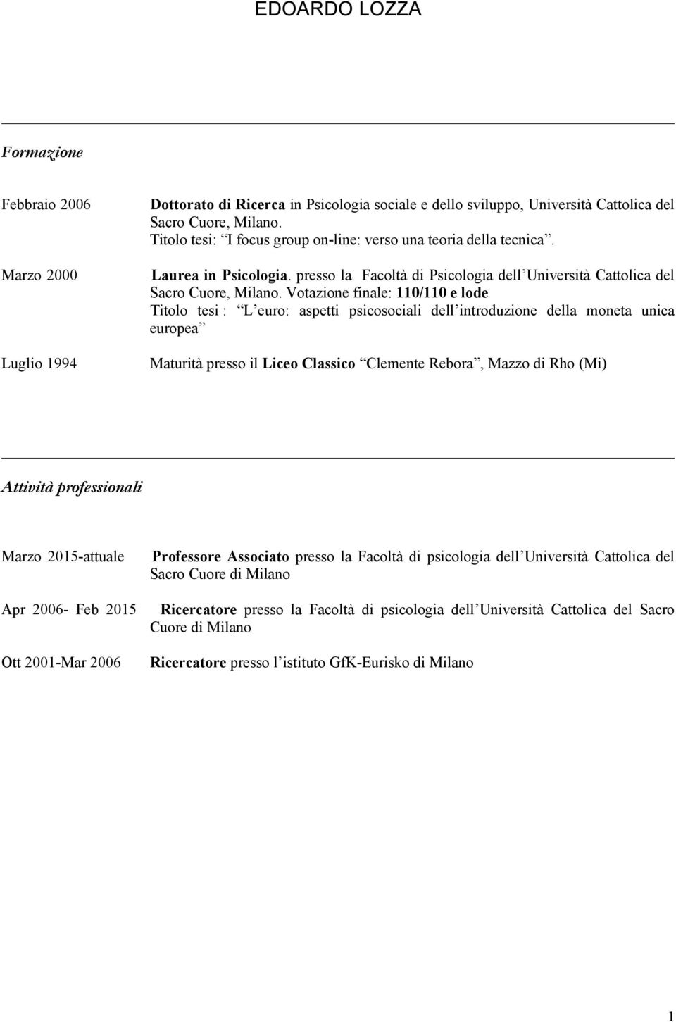 Votazione finale: 110/110 e lode Titolo tesi : L euro: aspetti psicosociali dell introduzione della moneta unica europea Maturità presso il Liceo Classico Clemente Rebora, Mazzo di Rho (Mi) Attività