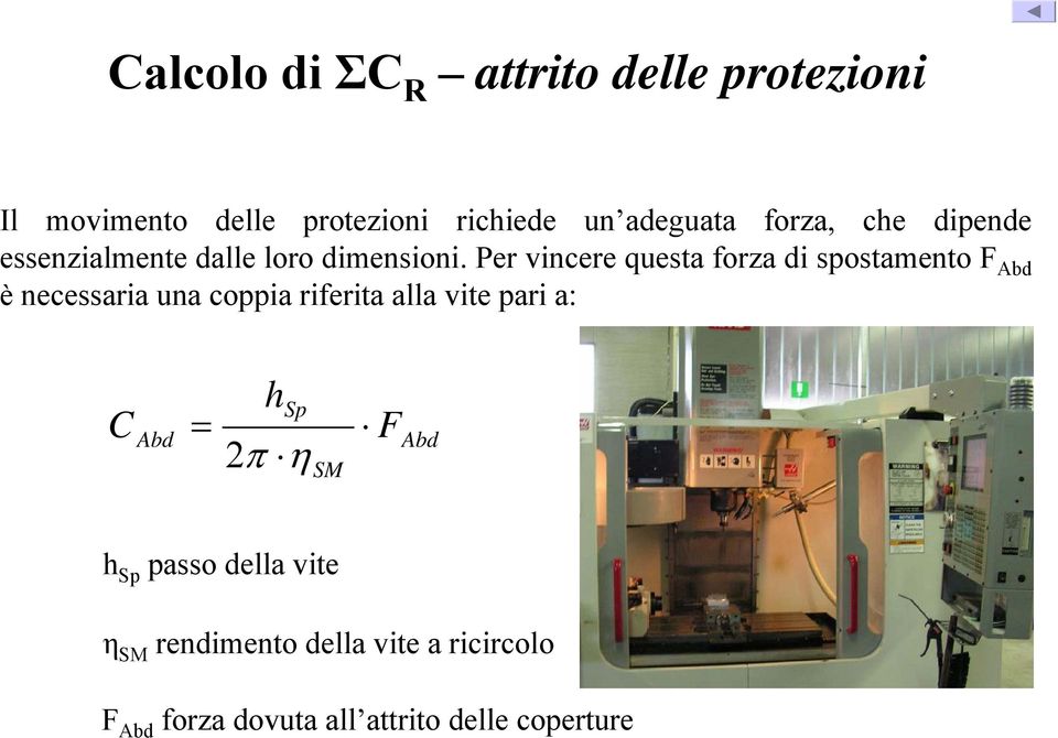 Per vincere questa forza di spostamento F Abd è necessaria una coppia riferita alla vite pari