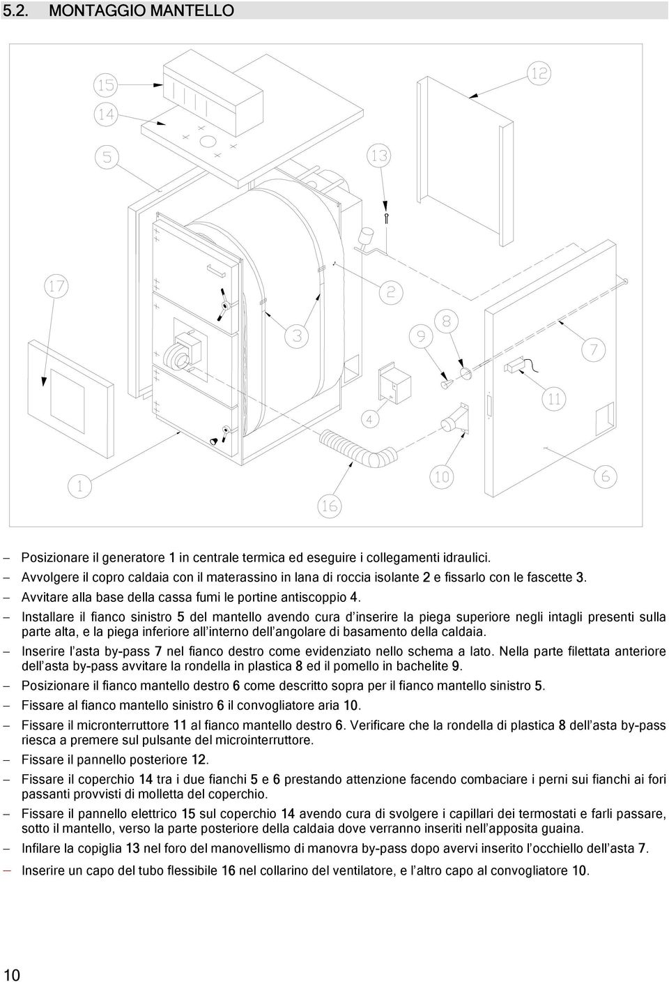 Installare il fianco sinistro 5 del mantello avendo cura d inserire la piega superiore negli intagli presenti sulla parte alta, e la piega inferiore all interno dell angolare di basamento della