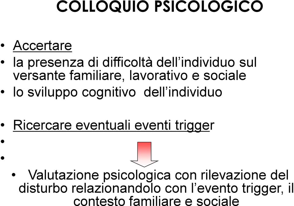 Ricercare eventuali eventi trigger Valutazione psicologica con rilevazione