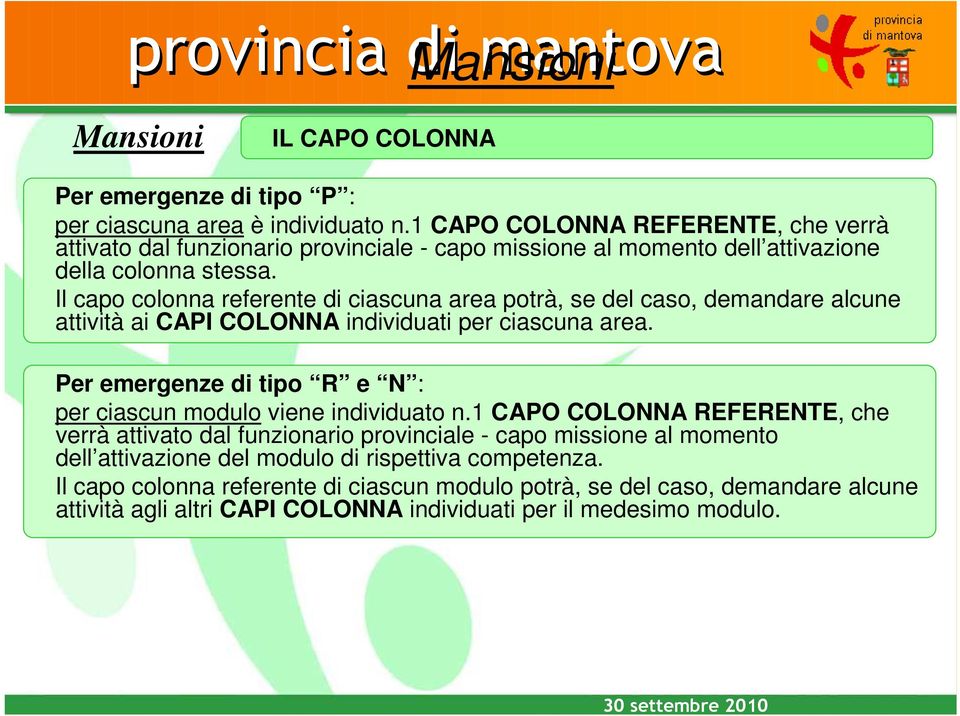 Il capo colonna referente di ciascuna area potrà, se del caso, demandare alcune attività ai CAPI COLONNA individuati per ciascuna area.