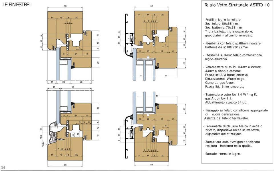 34mm a 22mm; 44mm a doppia camera; Faccia Int: 3/3 basso emissivo, Distanziatore: Warm-edge, Camera: gas Argon, Faccia Est: 6mm temperato - Trasmissione vetro Uw 1,4 W/mq K, gas Argon Uw 1,1.