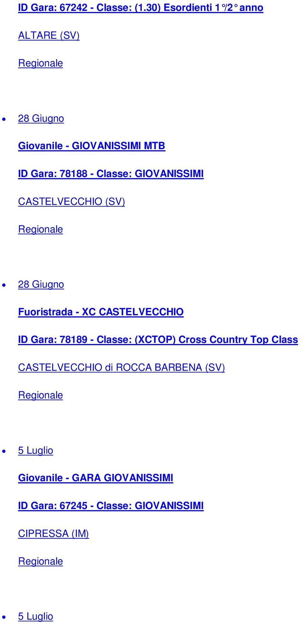 Classe: GIOVANISSIMI CASTELVECCHIO (SV) 28 Giugno Fuoristrada - XC CASTELVECCHIO ID Gara: 78189 -