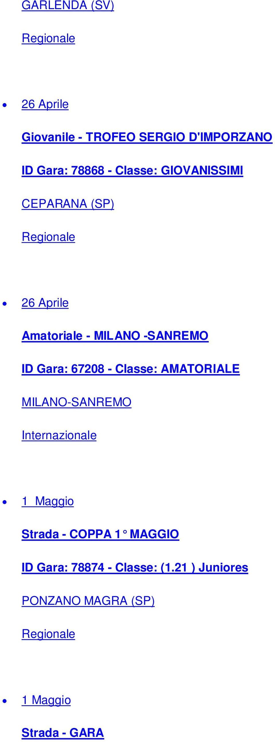 67208 - Classe: AMATORIALE MILANO-SANREMO Internazionale 1 Maggio Strada - COPPA 1