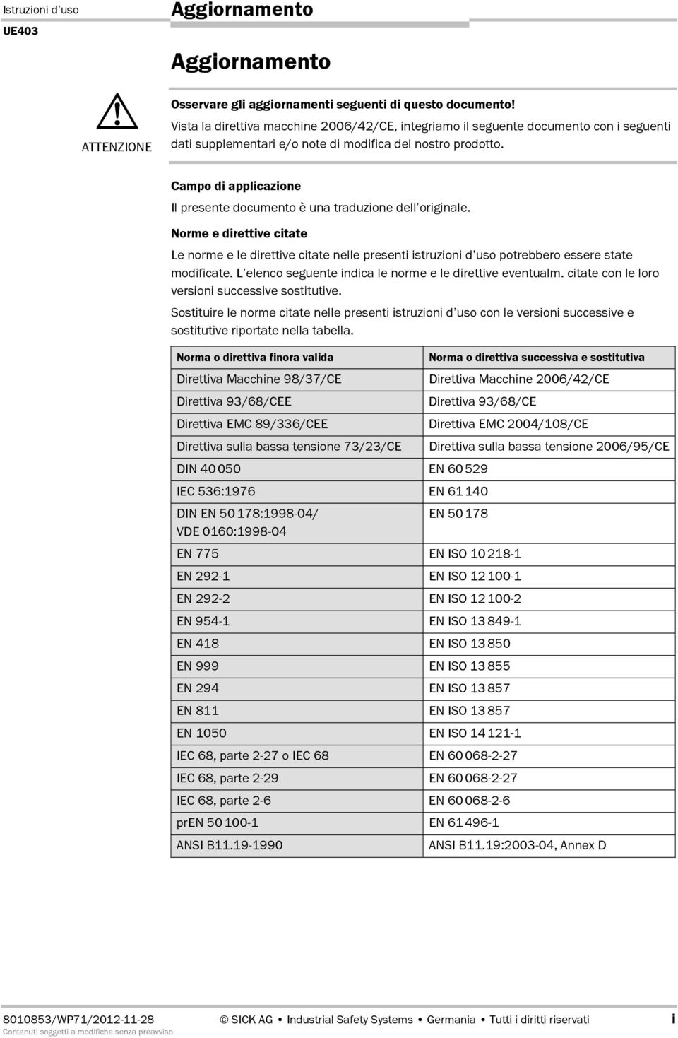 Campo di applicazione Il presente documento è una traduzione dell originale. Norme e direttive citate Le norme e le direttive citate nelle presenti istruzioni d uso potrebbero essere state modificate.