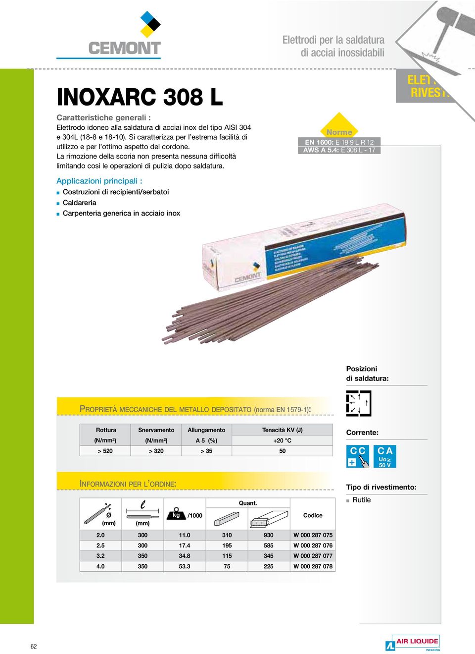 Costruzioni di recipienti/serbatoi Cadareria Carpenteria generica in acciaio inox Eettrodi per a sadatura di acciai inossidabii EN 1600: E 19 9 L R 12 AWS A 5.