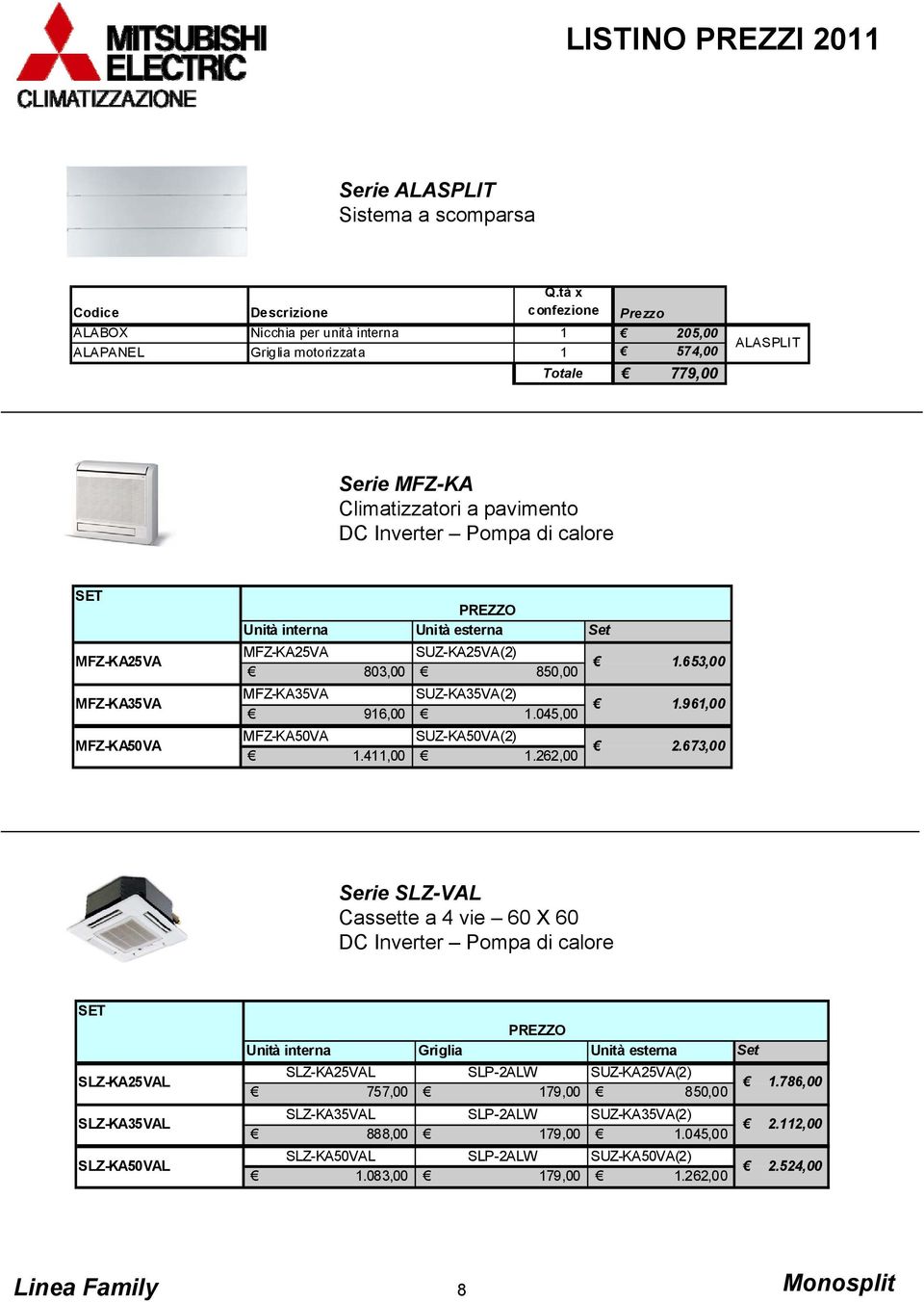 Set MFZ-KA25VA MFZ-KA25VA SUZ-KA25VA(2) 803,00 850,00 1.653,00 MFZ-KA35VA MFZ-KA35VA SUZ-KA35VA(2) 916,00 1.045,00 1.961,00 MFZ-KA50VA MFZ-KA50VA SUZ-KA50VA(2) 1.411,00 1.262,00 2.