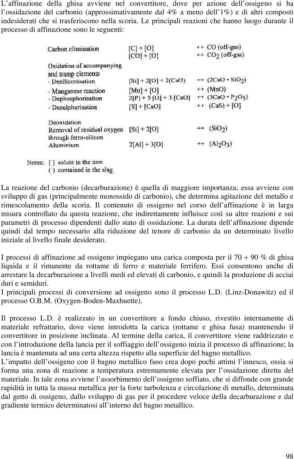 Le principali reazioni che hanno luogo durante il processo di affinazione sono le seguenti: La reazione del carbonio (decarburazione) è quella di maggiore importanza; essa avviene con sviluppo di gas