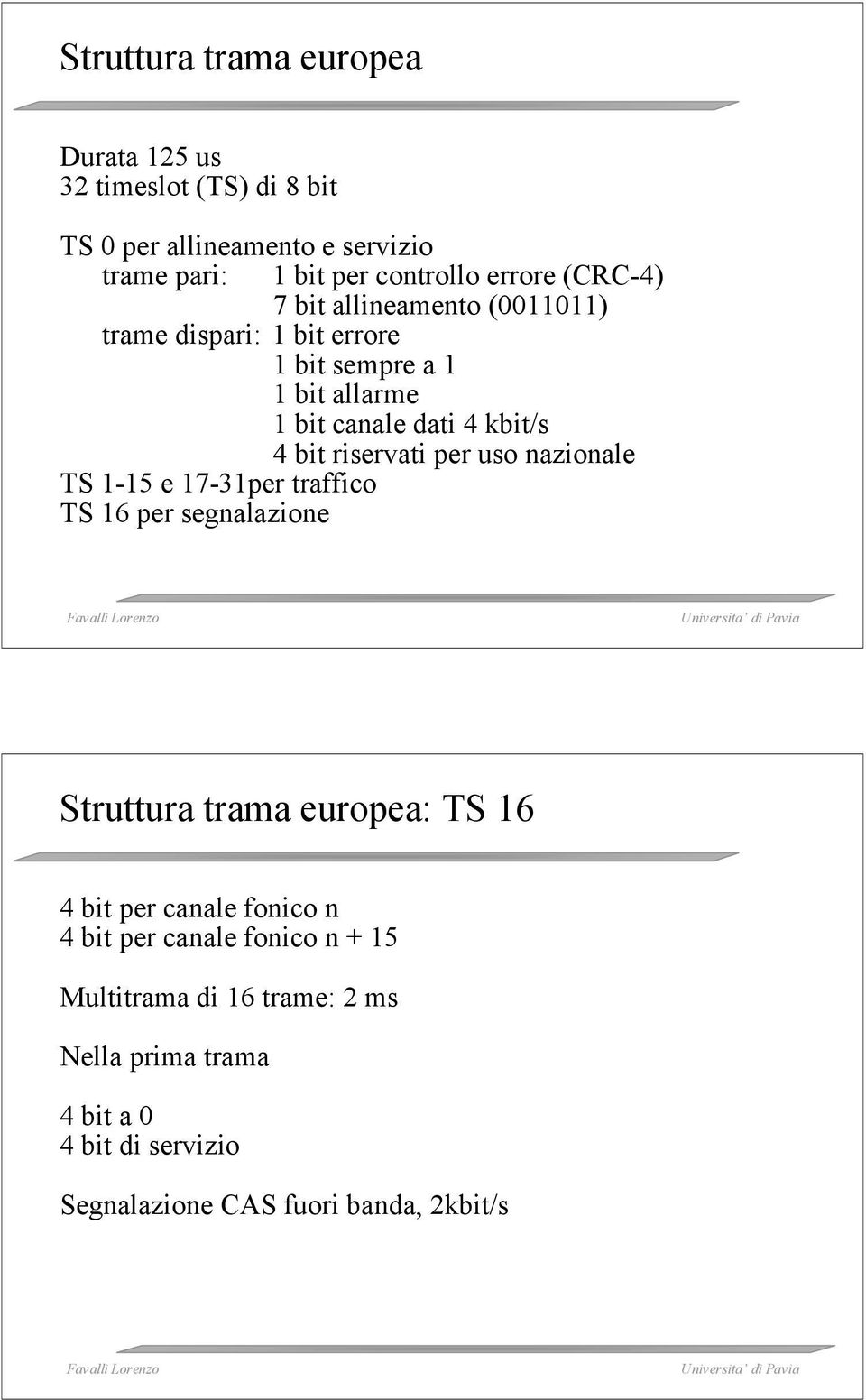 riservati per uso nazionale TS 1-15 e 17-31per traffico TS 16 per segnalazione Struttura trama europea: TS 16 4 bit per canale fonico n