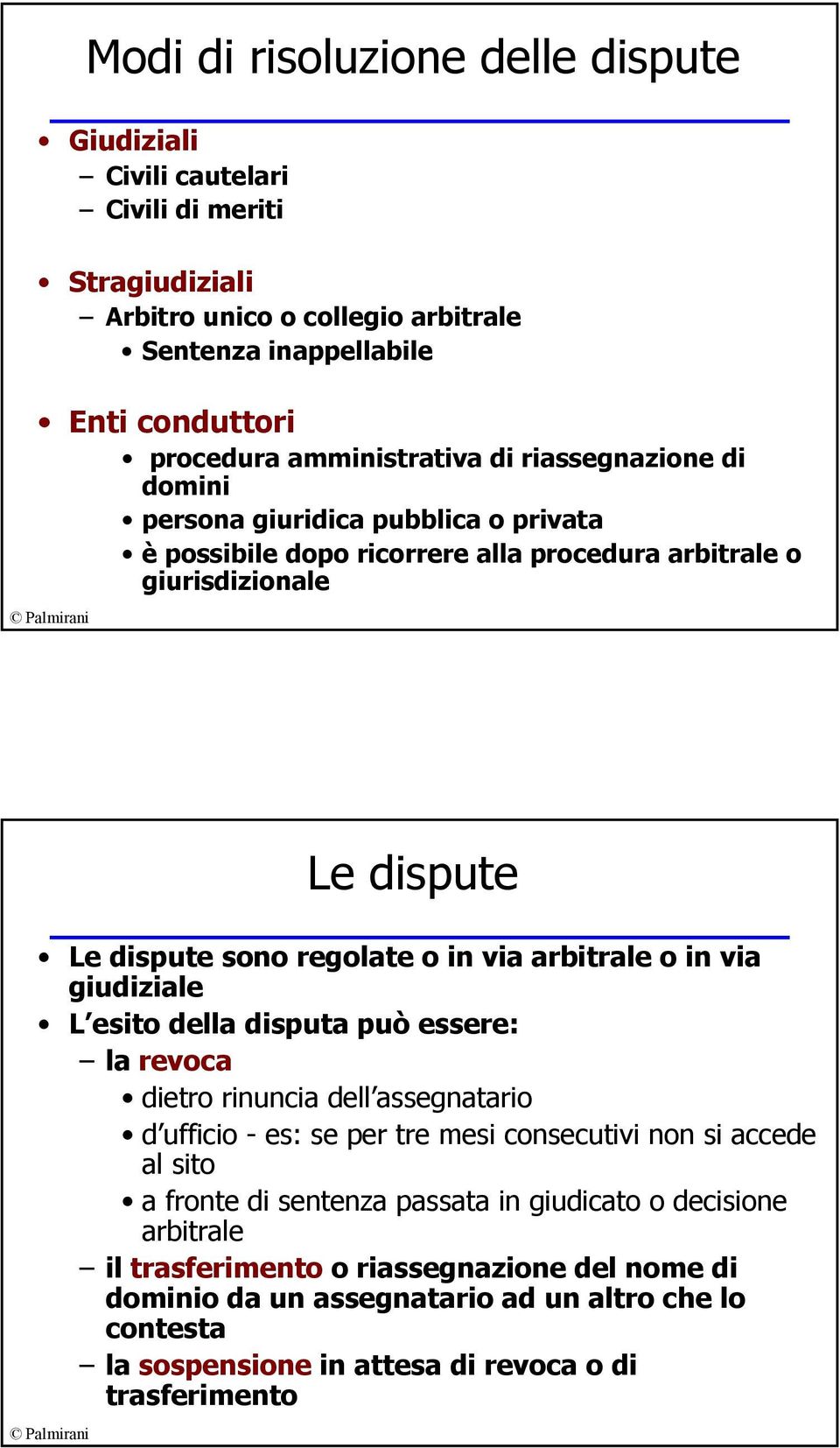 via arbitrale o in via giudiziale L esito della disputa può essere: la revoca dietro rinuncia dell assegnatario d ufficio - es: se per tre mesi consecutivi non si accede al sito a fronte di